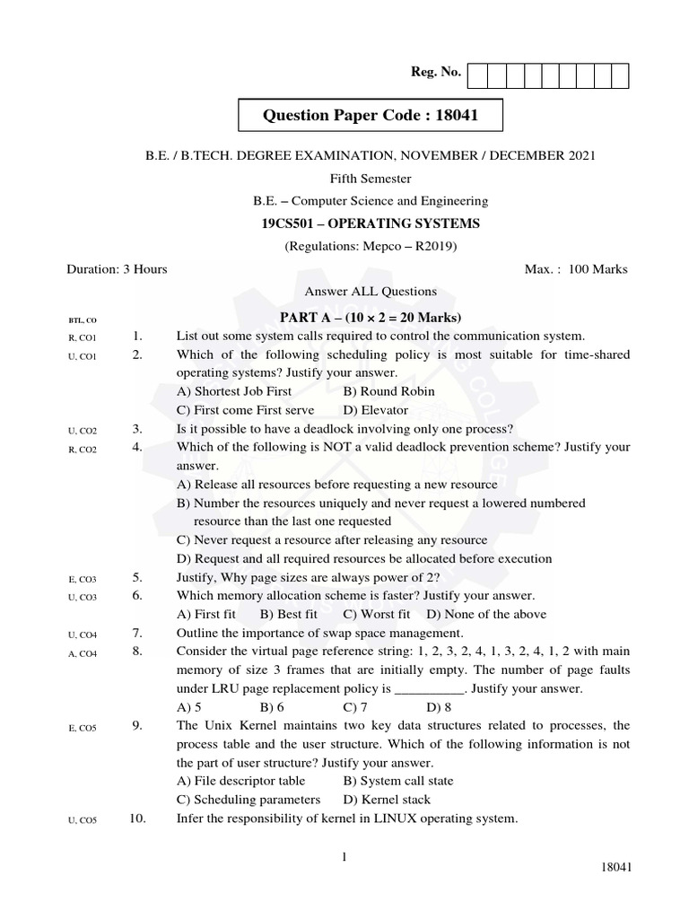 Question Paper Code: 18041: Reg. No | PDF | Scheduling (Computing ...