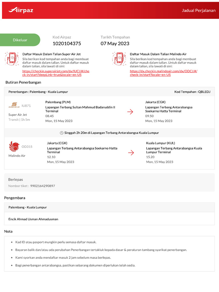Airpaz Flight Itinerary 1020104375 | PDF
