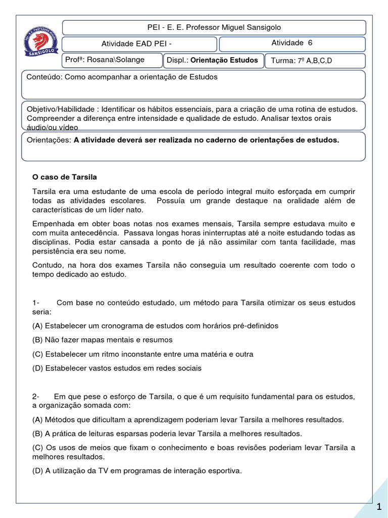 6 - Orientação de Estudos - 7º Ano | PDF | Carreira e Crescimento ...