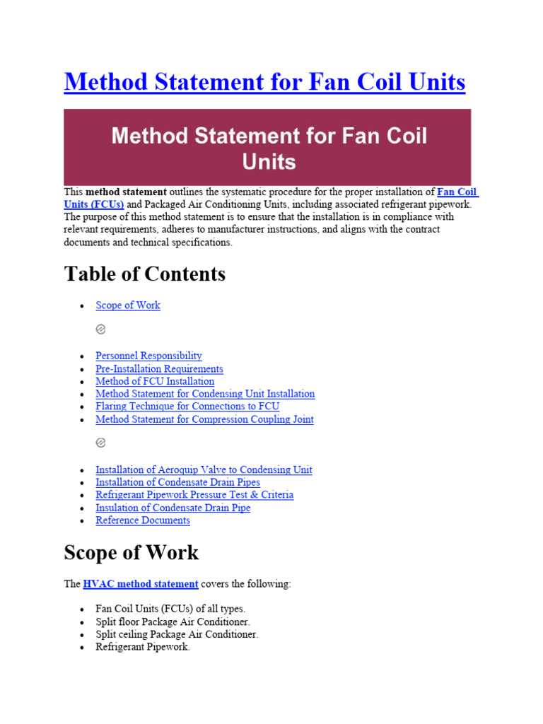 FCU Installation Method Statement | PDF | Pipe (Fluid Conveyance) | Air ...