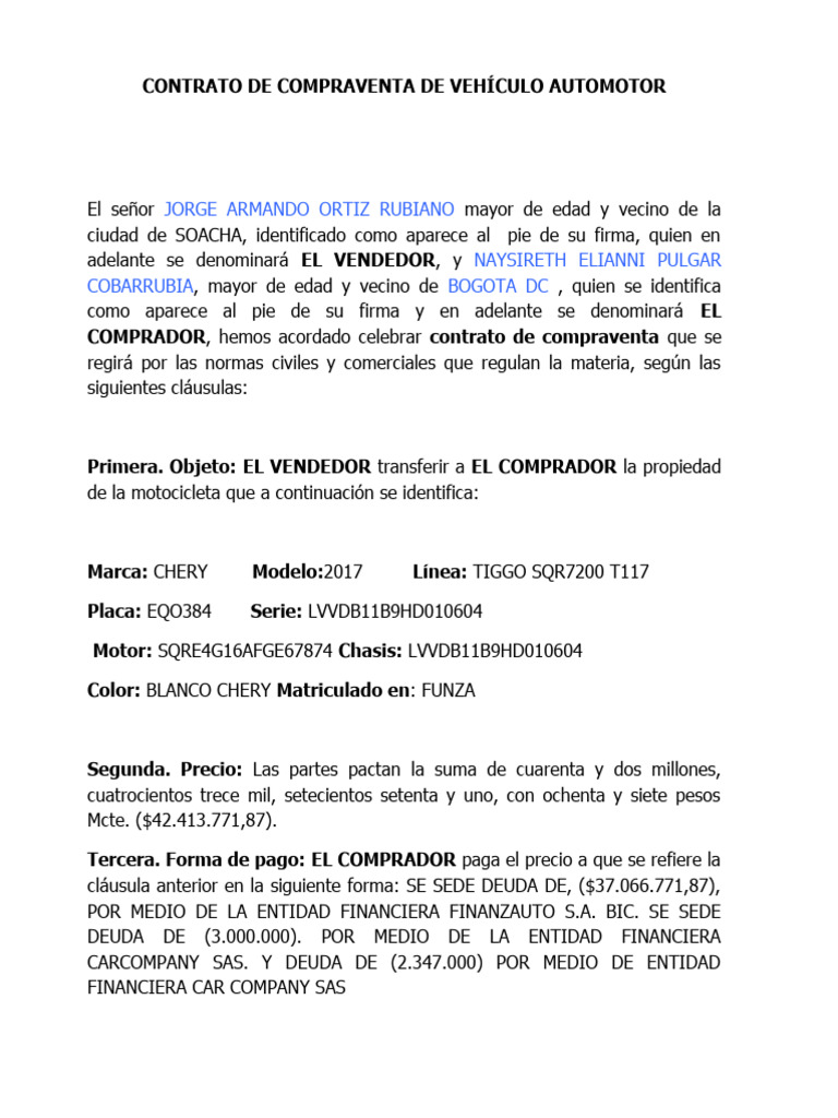Contrato de Compra Venta de Vehículo EQ0384 | PDF | Economias | Derecho ...