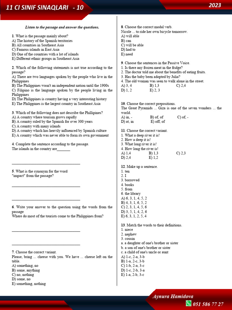11th Grade English Exam Questions | PDF | Philippines | Grammar
