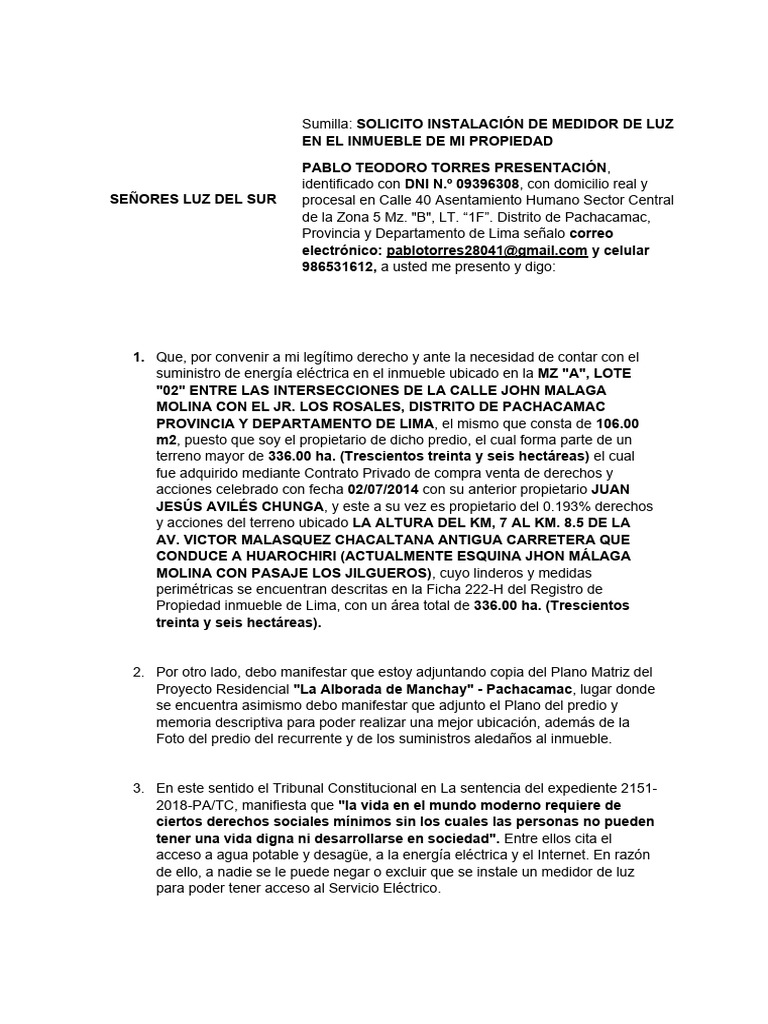 Solicito Instalacion de Medidor de Luz | PDF