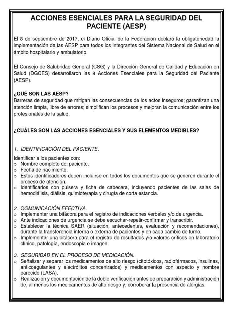 Acciones Esenciales para La Seguridad Del Paciente PDF | PDF ...