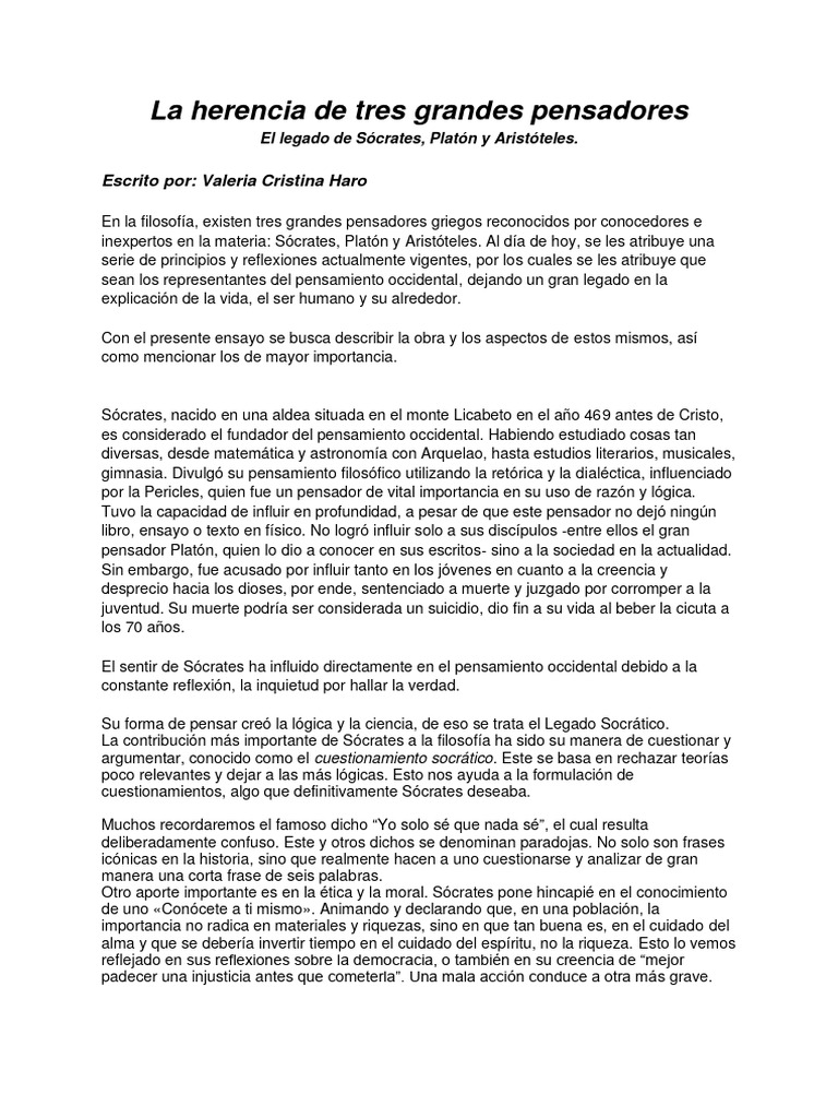 El Legado De Tres Grandes Pensadores Sócrates Platón Y Aristóteles Pdf
