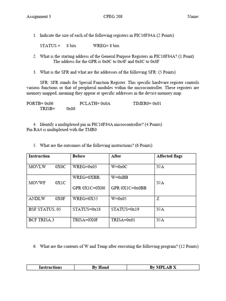 PIC16F84A Microcontroller Register Guide | PDF | Microcontroller ...