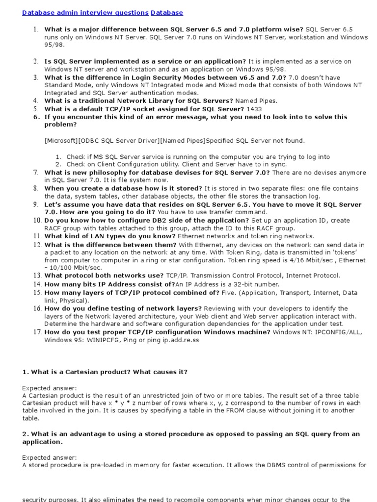 SQL Server Database Interview Questions | PDF | Pl/Sql | Computer Network