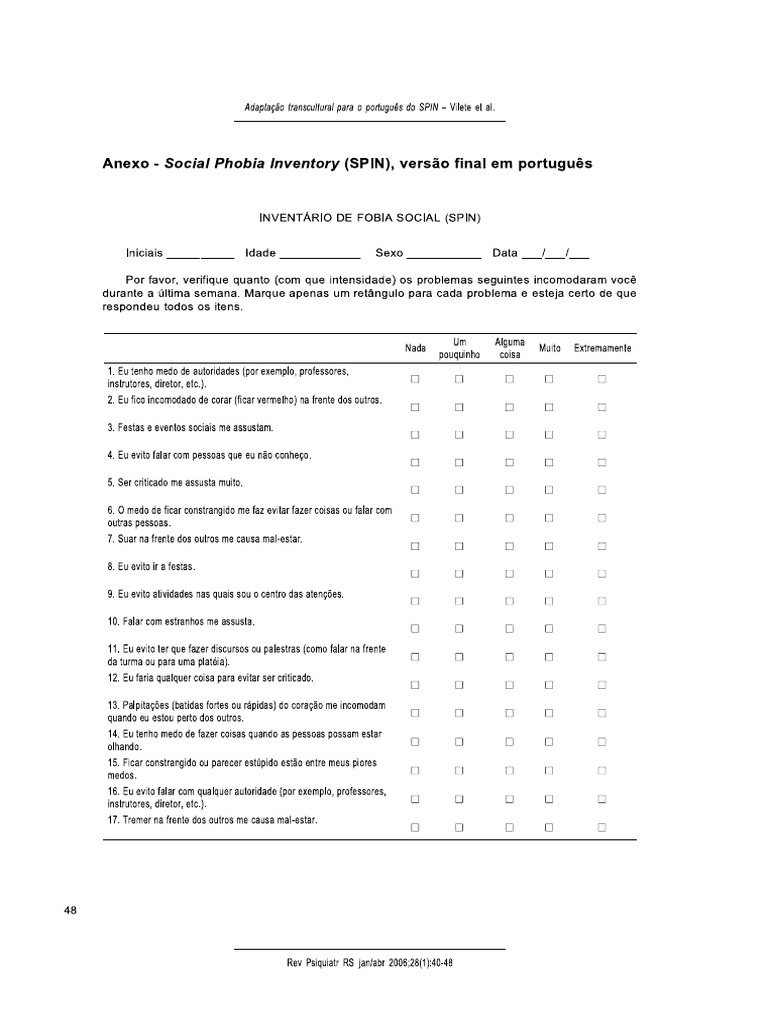 Aplicação Do SPIN - Inventário de Fobia Social | PDF