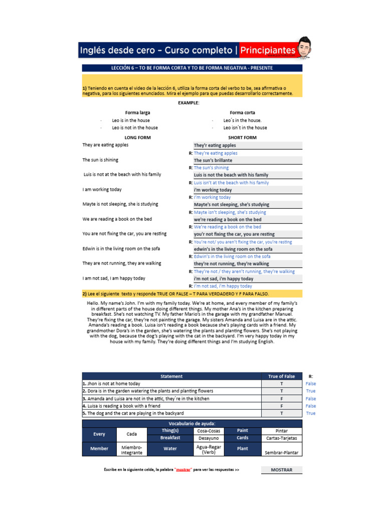 Lección 6 - To Be Forma Corta y To Be Forma Negativa Presente | PDF