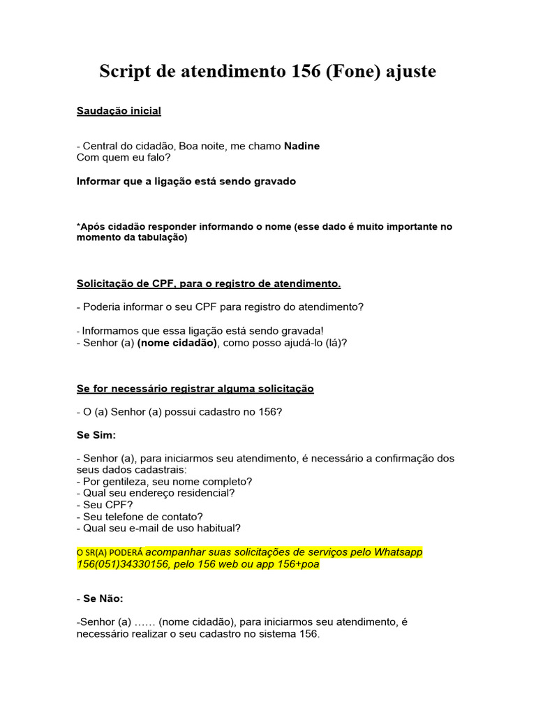 Script De Atendimento 156 Fone Ajuste Pdf Informática
