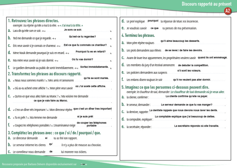 Discours rapporté : Exercices pratiques | PDF