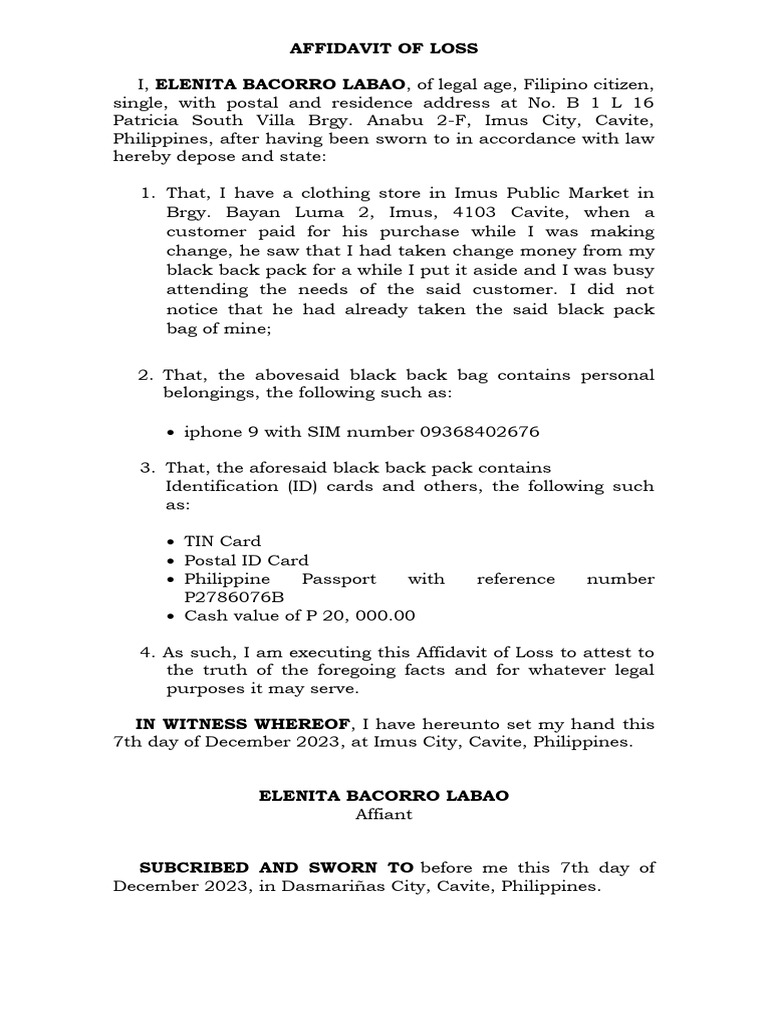 Affidavit of Loss Personal Belongings and Valid Id Cards Elenita