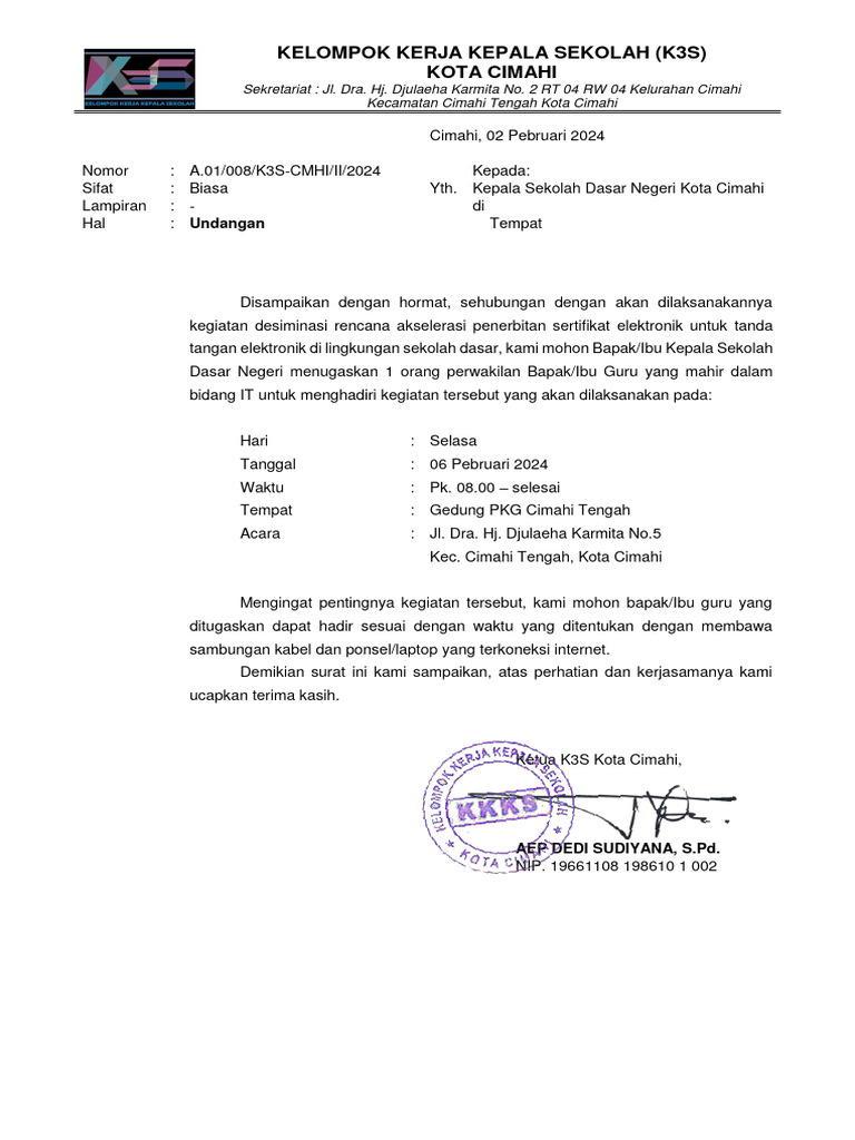 Undangan Kepala Sekolah Dasar - Desiminasi TTD Digital | PDF