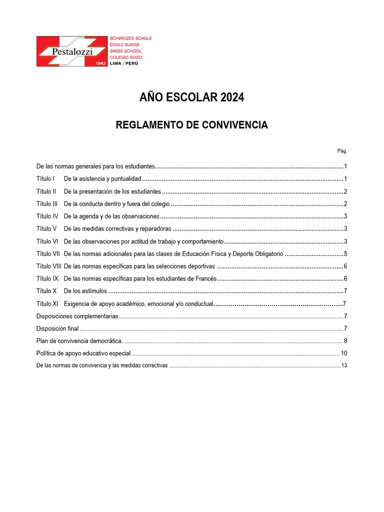 Reglamento Interno Escolar 2024 | PDF | Inclusión (Educación) | Plan de ...