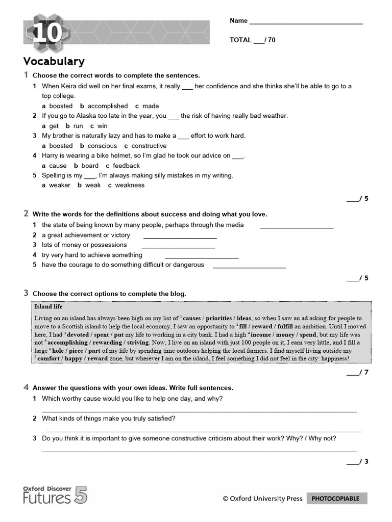 Vocabulary and Grammar Unit Test | PDF | Experience
