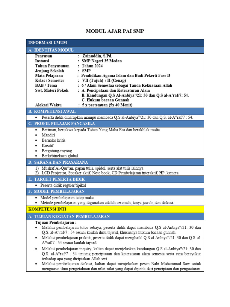 Modul Ajar PAI Kelas 7 Semester 2 | PDF