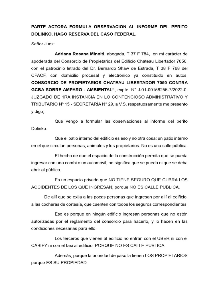 Parte Actora Formula Observacion Al Informe Del Perito | PDF | Debido ...