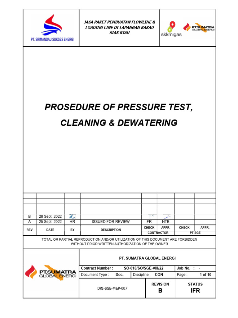 DRI-SGE-M&P-007 Procedure of Pressure Test, Cleaning & Dewatering Rev B ...