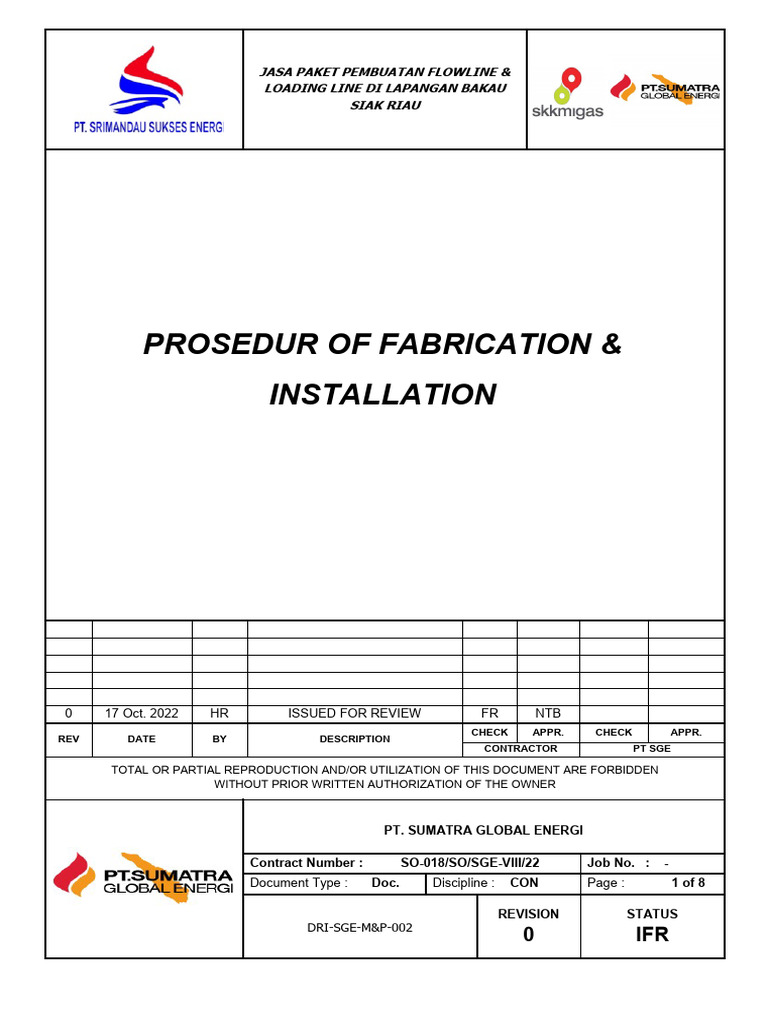 DRI-SGE-M&P-002 Procedure of Fabrication& Installation Works | PDF