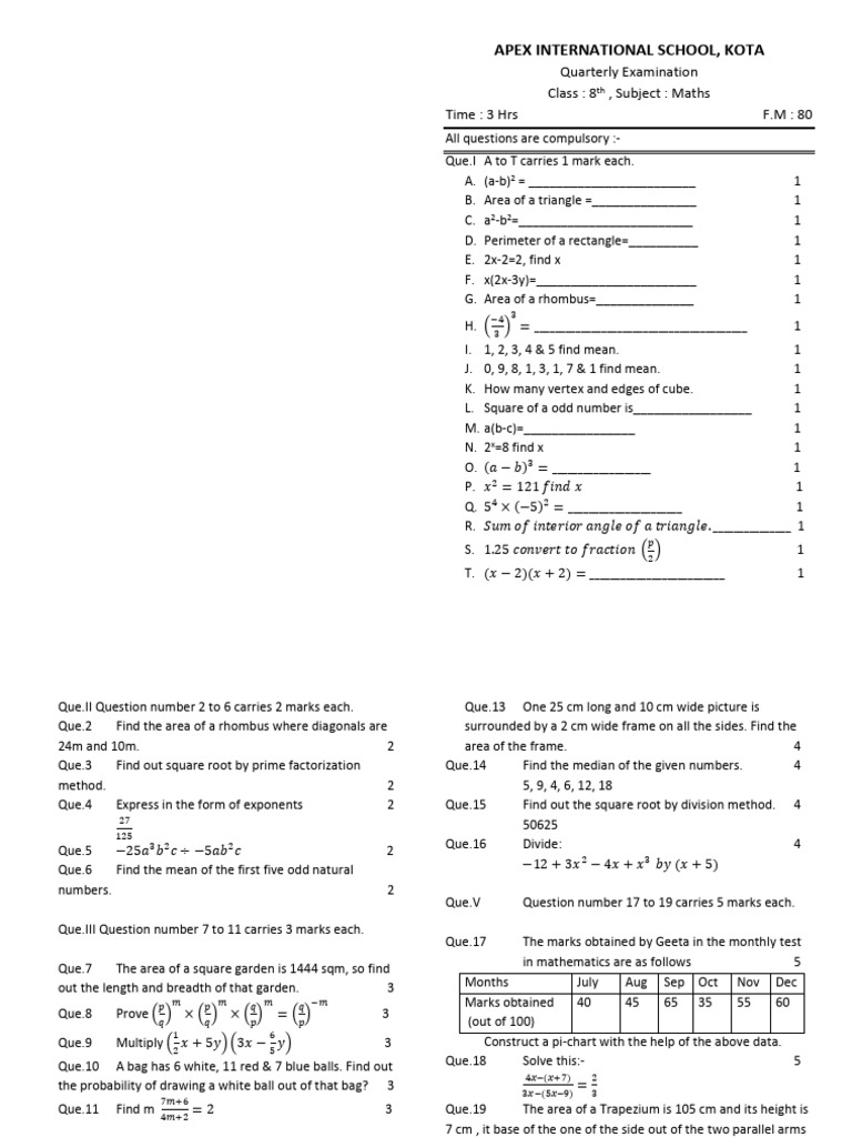 8th 9th 10th 11th 12th Question Paper Example | PDF | Mathematics ...