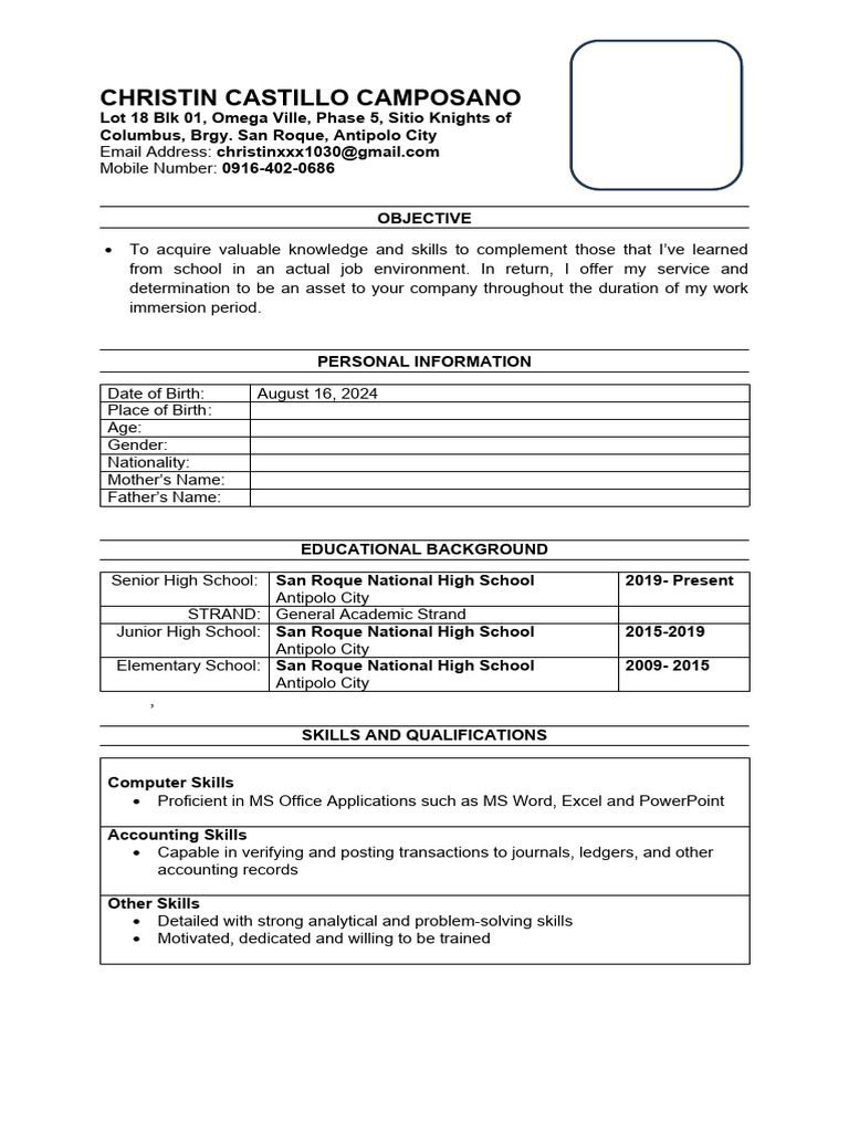 Grade 12 Work Immersion Resume Sample | PDF