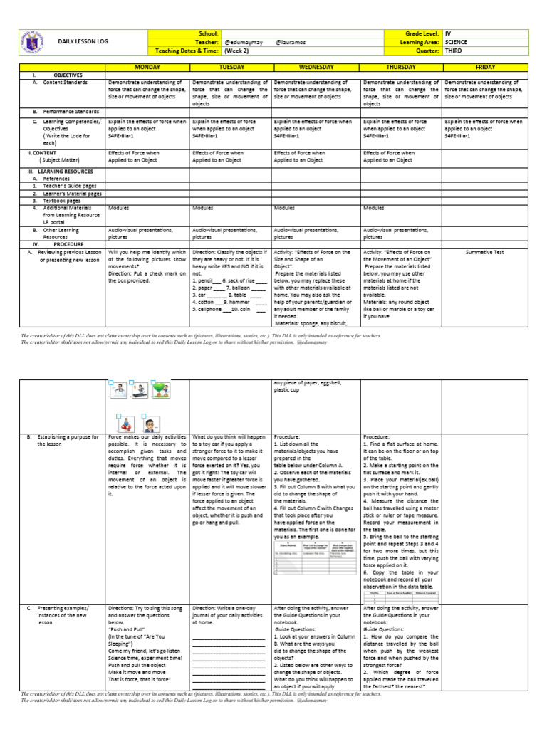 Science 4 Q3 W2: Effects of Force | PDF | Force | Teachers