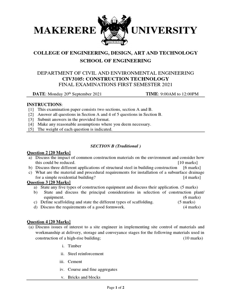 Construction Technology Exam Q&A | PDF | Building Technology | Real Estate