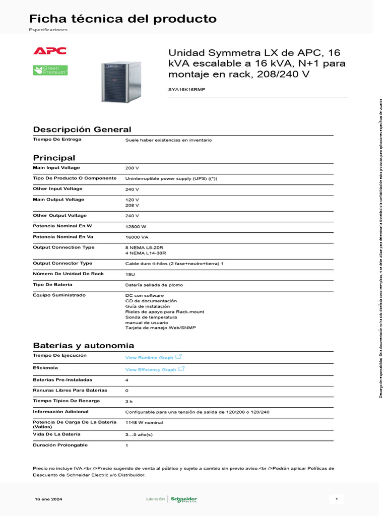 Schneider Electric - No-Break-Symmetra - SYA16K16RMP | PDF | Cantidad ...
