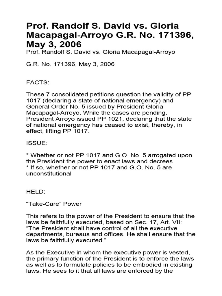 David vs gloria macapagal arroyo g r no 171396 case digest pdf