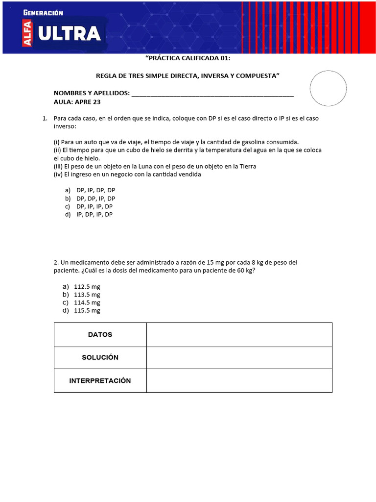 PRÁCTICA CALIFICADA #1 - VARIACIÓN DIRECTA E INVERSA, VARIACIÓN ...