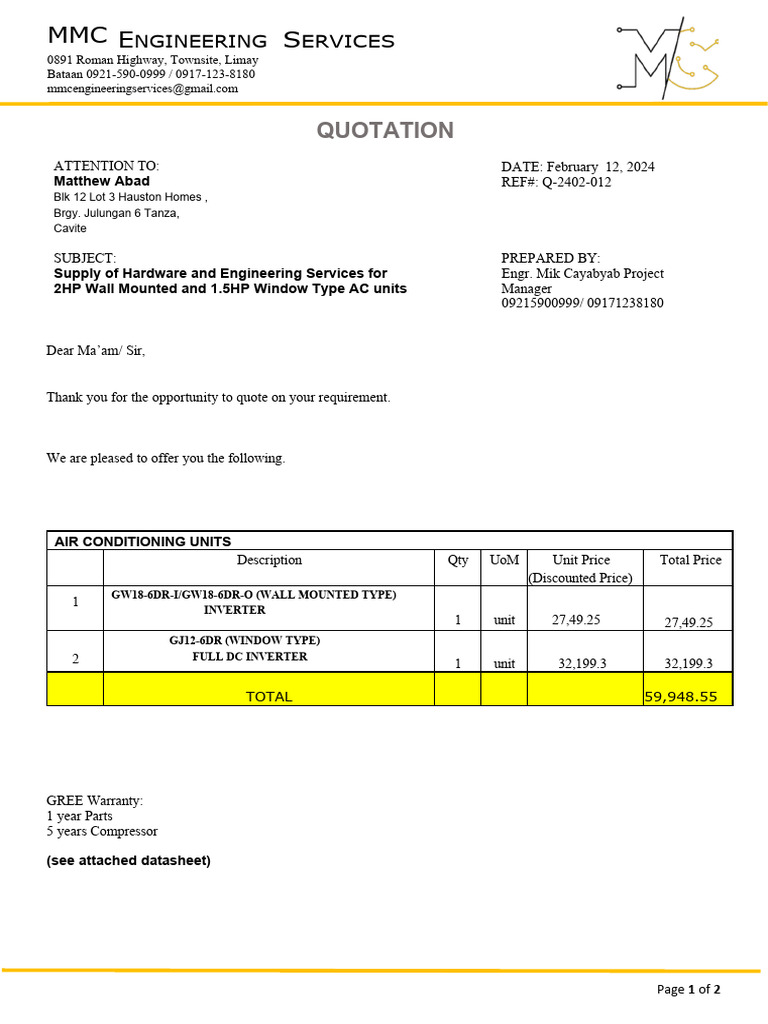Quotation for AC Units and Installation Services | PDF | Air ...