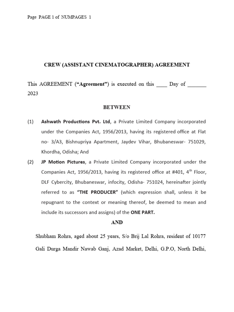 Film Crew Agreement Asst DoP PDF Civil Law (Legal System