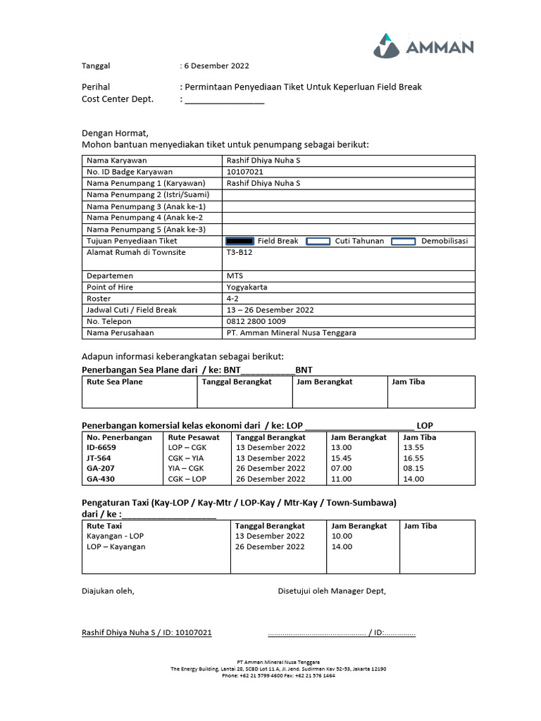 Permintaan Tiket Field Break | PDF