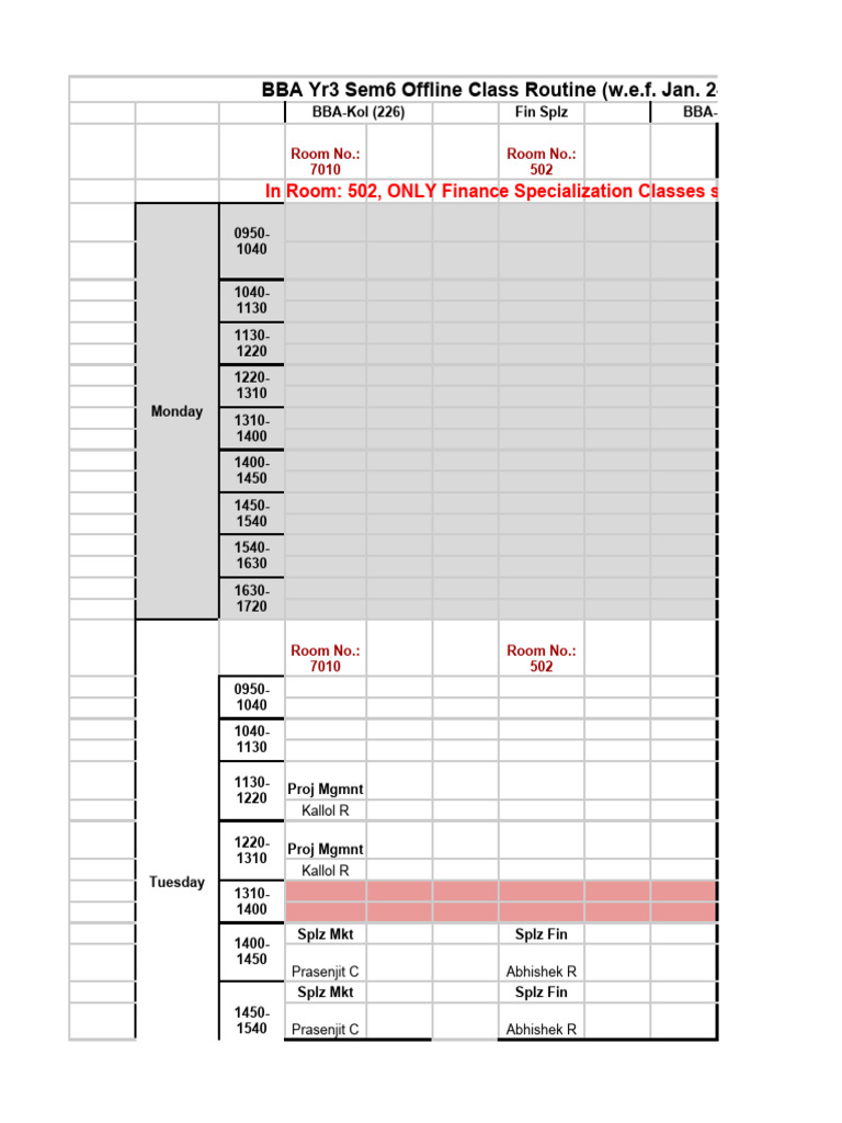 BBA Year 3 Semester 6 Class Schedule | PDF