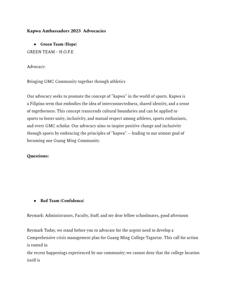 Kapwa Ambassadors 2023 Advocacies | PDF | Crisis Management | Social ...