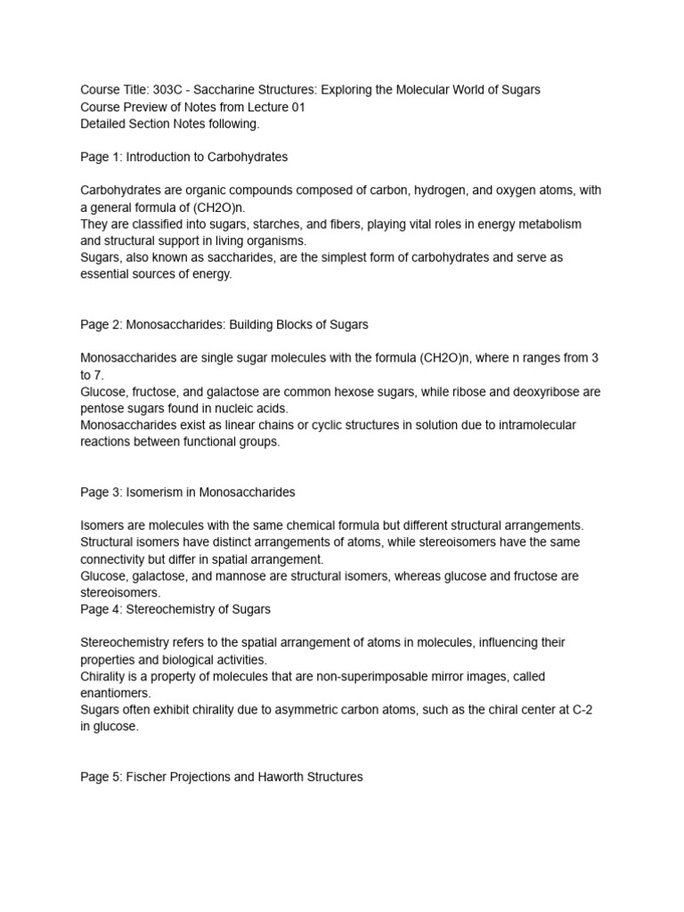 Course Lec Notes 01 on 303C Saccharine Structures (1) PDF