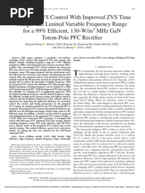Predictive ZVS Control With Improved ZVS Time Margin and Limited Variable Frequency Range for a 99 Efficient 130-W In3 MHz GaN Totem-Pole PFC Rectifier