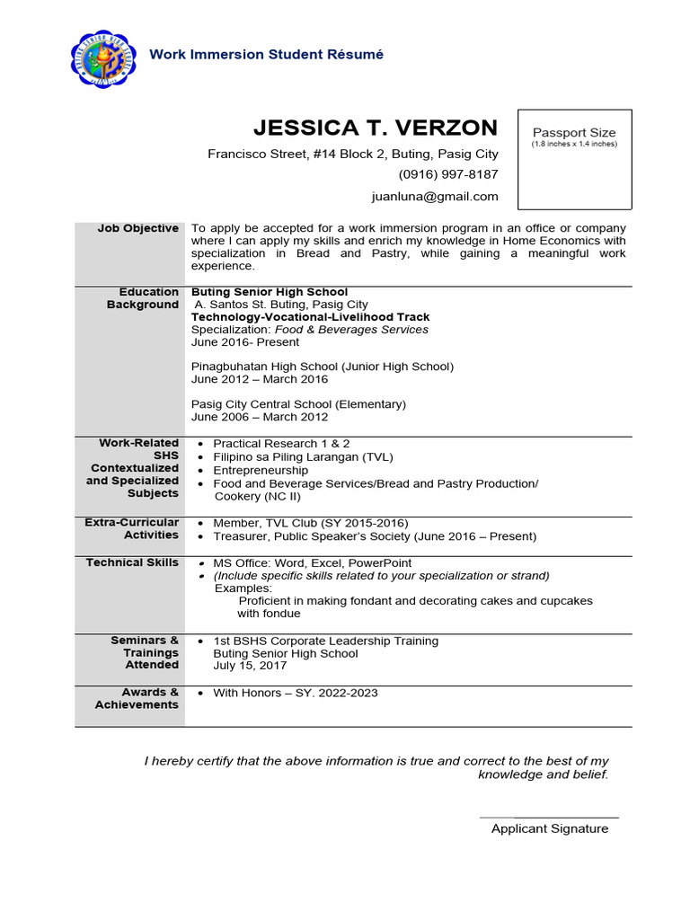 Grade 12 Work Immersion Résumé Sample | PDF