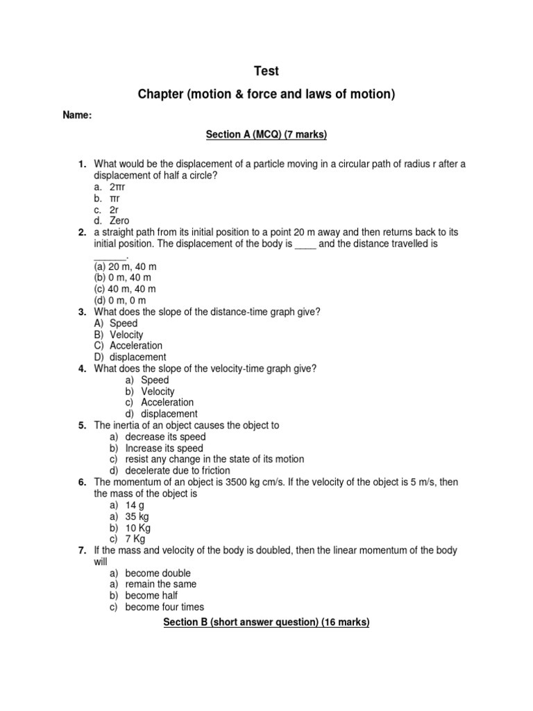 Motion & Force Test | PDF | Acceleration | Velocity