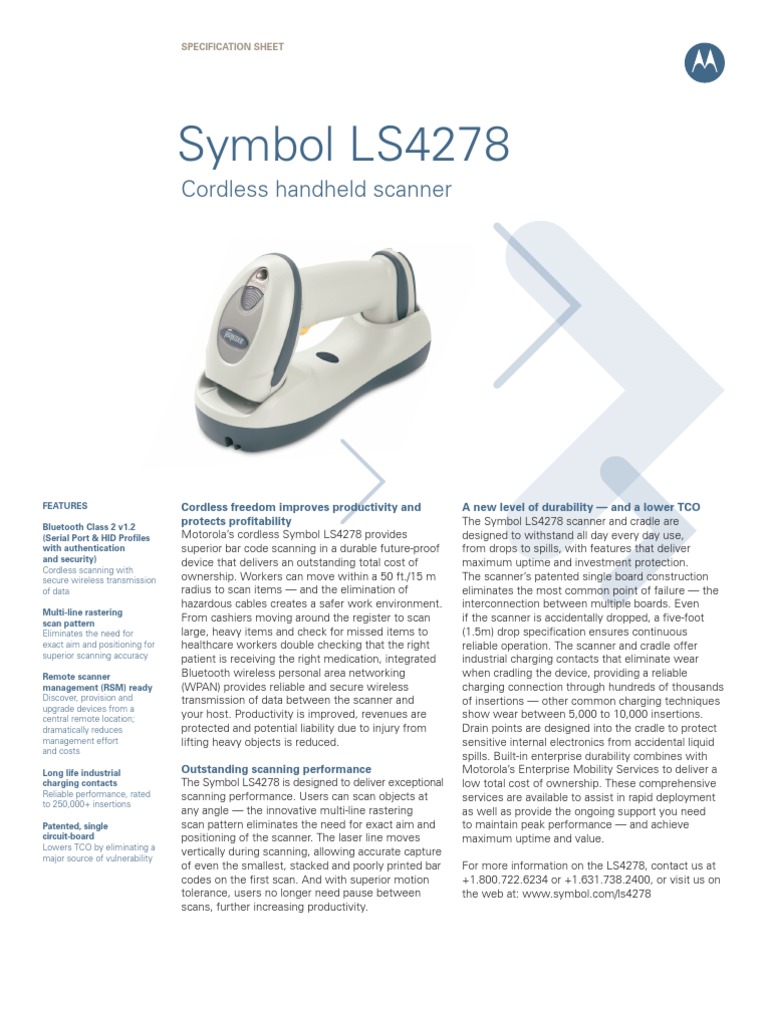 Symbol LS4278 Data Sheet | PDF | Image Scanner | Bluetooth