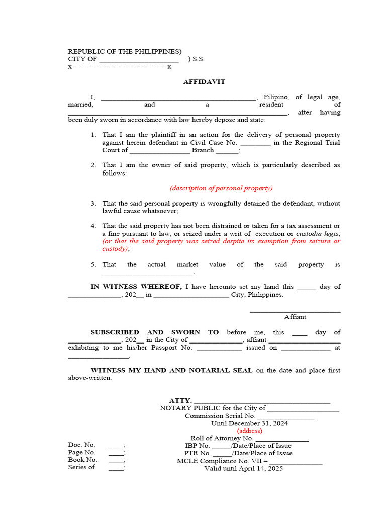 Affidavit for Replevin Action | PDF | Affidavit | Legal Procedure