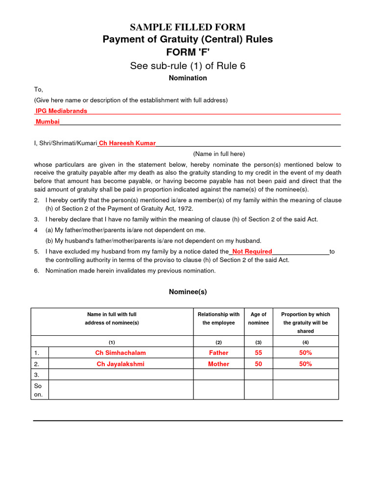 GRATUITY FORM FSample Filled PDF Government Justice