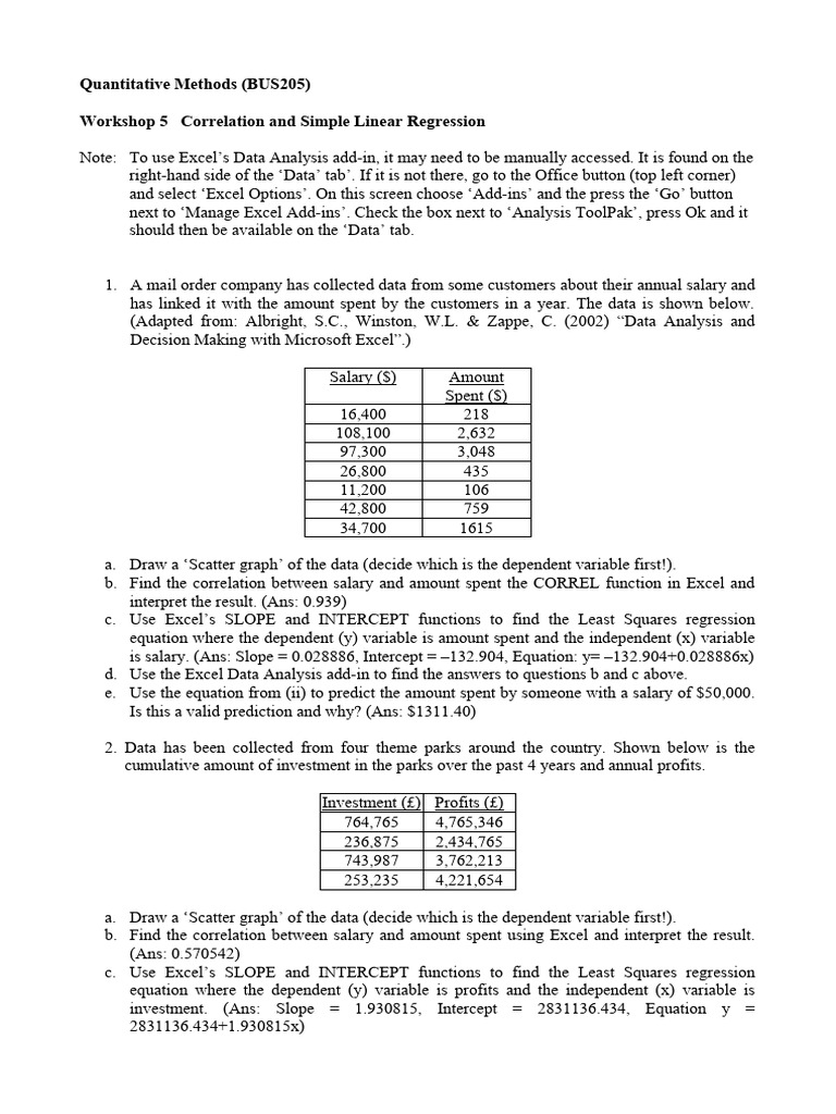 Workshop 5 Correlation and Simple Linear Regression | PDF | Linear ...
