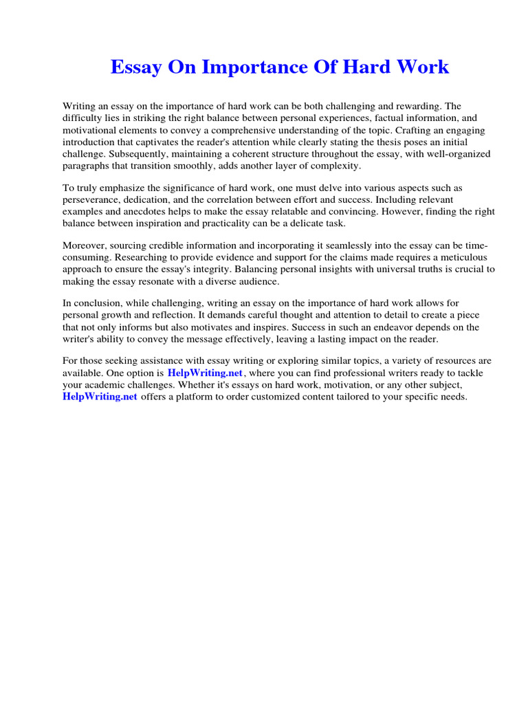 Value Of Hard Work Essay In English