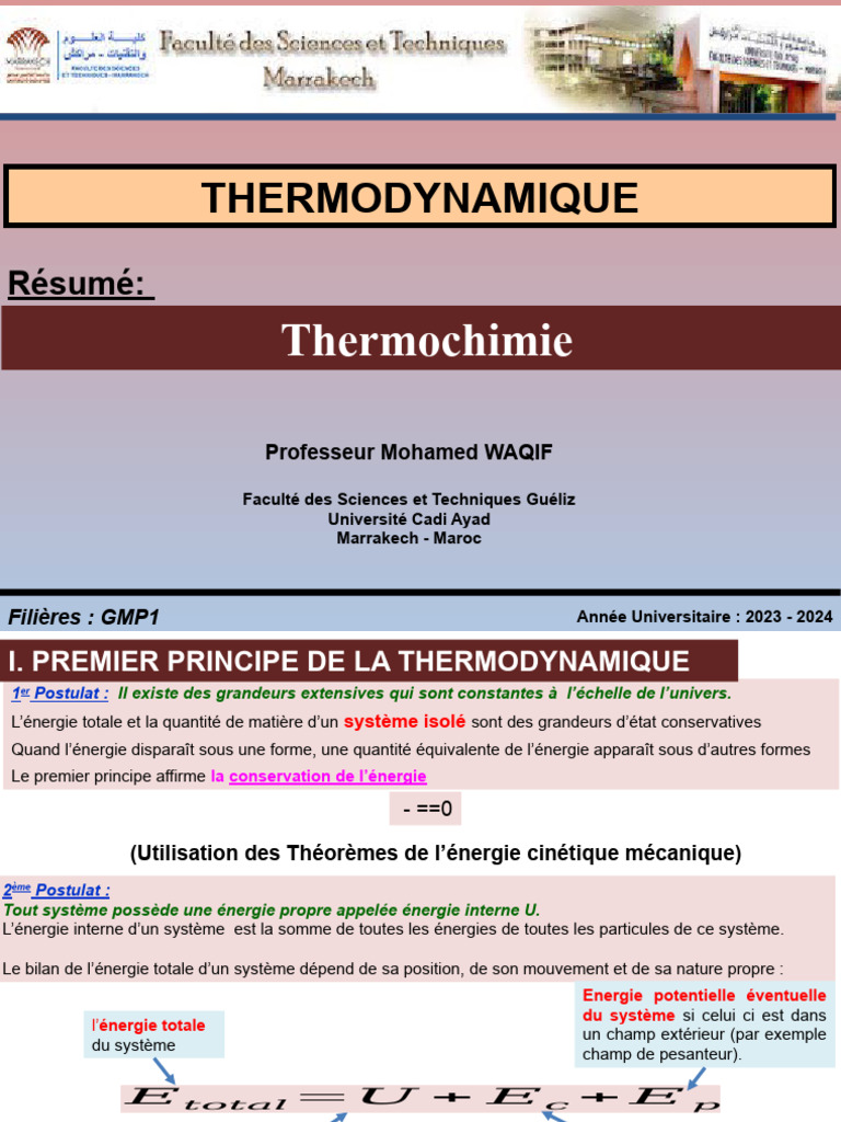 Résumé de thermochimie 2023-2024 | PDF | Entropie | Enthalpie libre