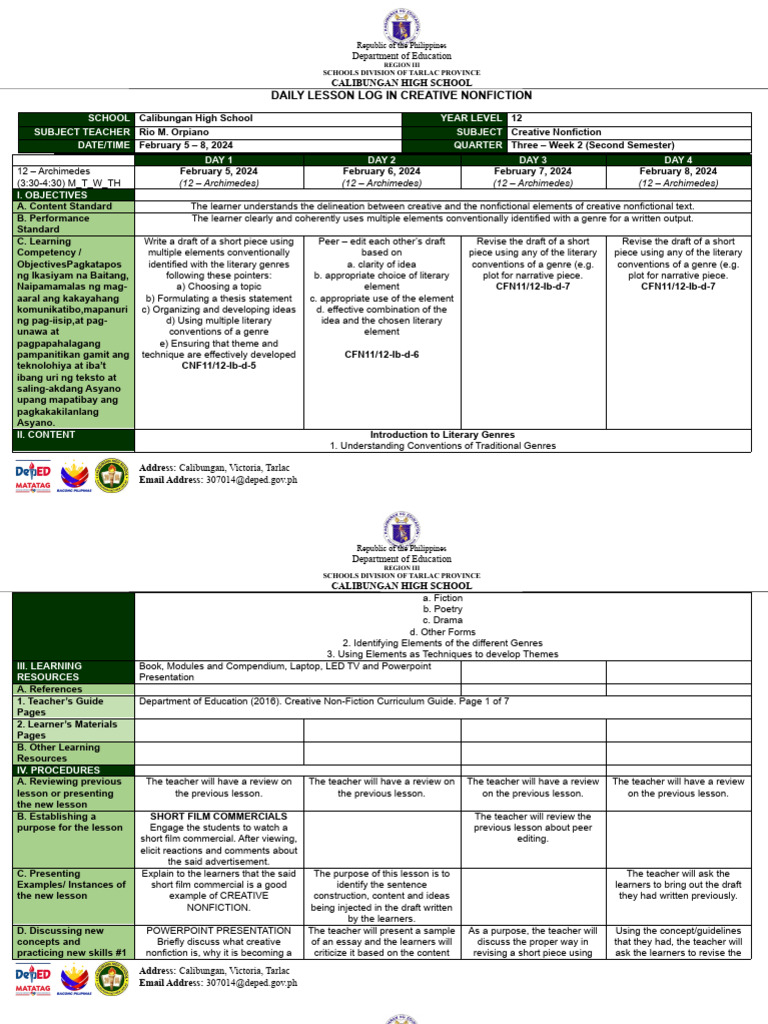 Dll Creative Nonfiction Week 3 Pdf Learning Genre