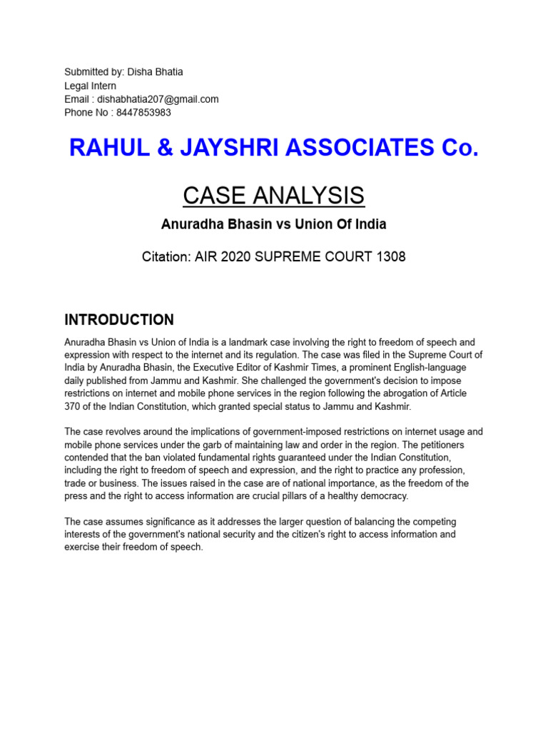 Anuradha Bhasin v. Union of India Case Analysis | PDF | Judgment (Law ...