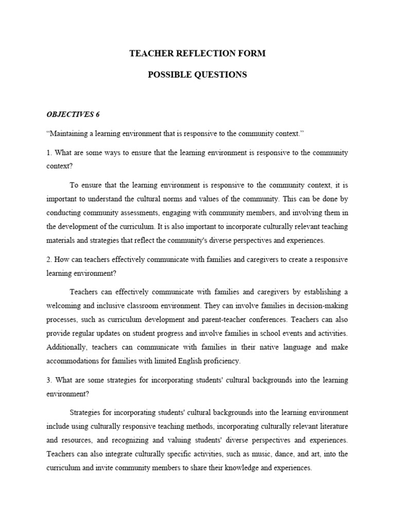 Teacher Reflection Form: Key Questions | PDF | Teachers | Community