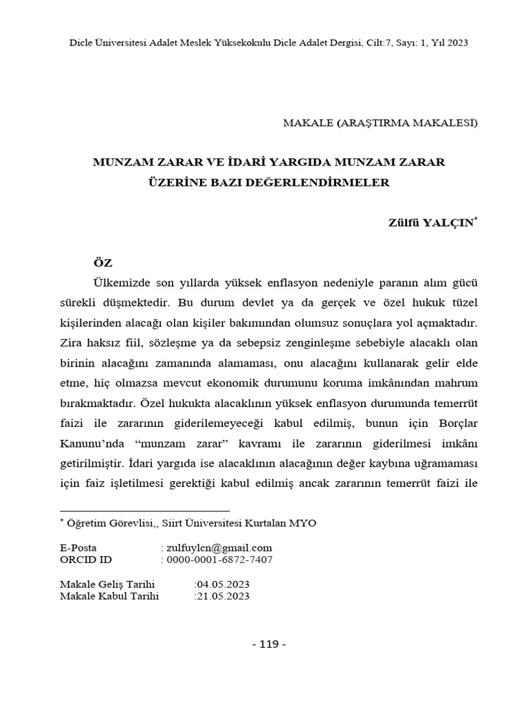 Munzam Zarar Ve İdari̇ Yargida Munzam Zarar Üzeri̇ne Bazi ...