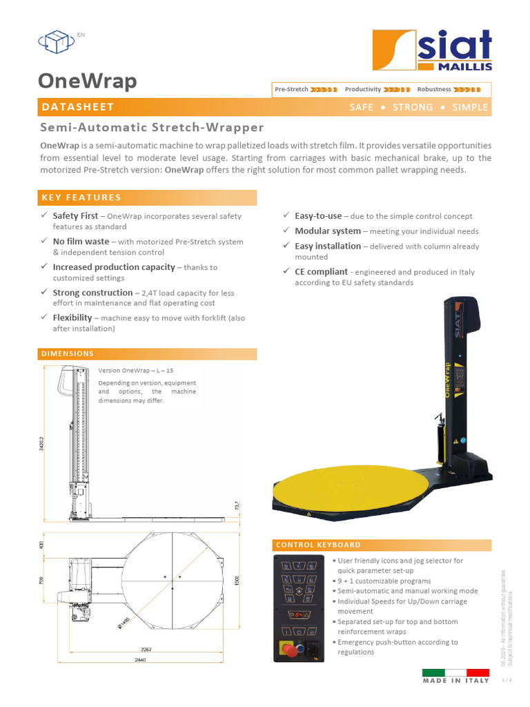 OneWrap Semi-Automatic Pallet Wrapper | PDF | Vehicles | Manufactured Goods
